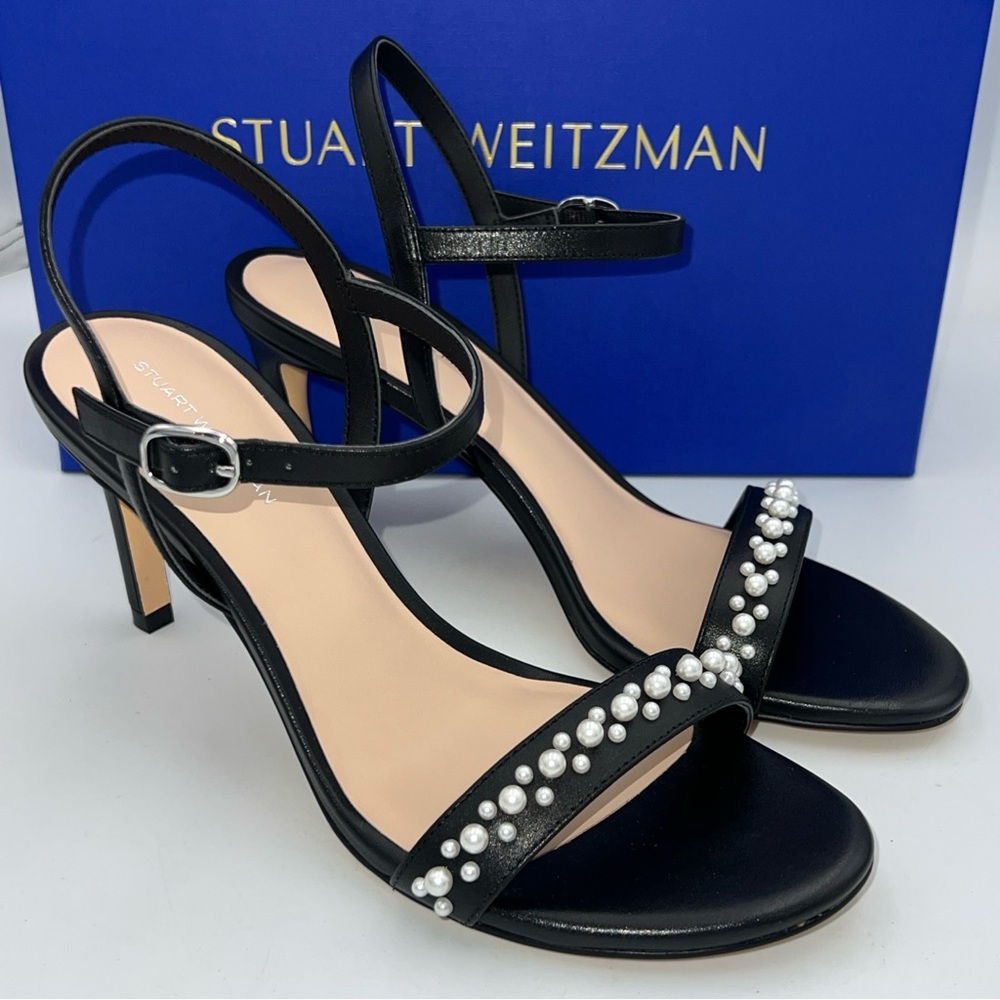 STUART WEITZMAN Dancer 75 Black Leather Heels Faux Pearl Women’s Size39 8.5B NWB